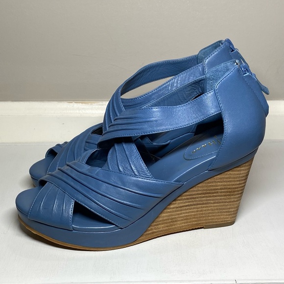 Cole Haan Wedge Sandals Women’s Size 8 B Dusty Blue Open Toe Shoes Zip Up Back - Picture 2 of 16